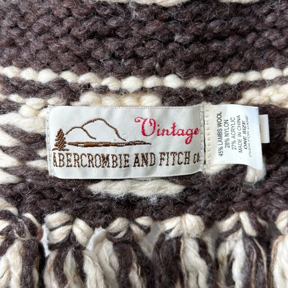 Abercrombie & Fitch Scarf Unisex OS Brown Vintage Moose Fair Isle Fringe Knit